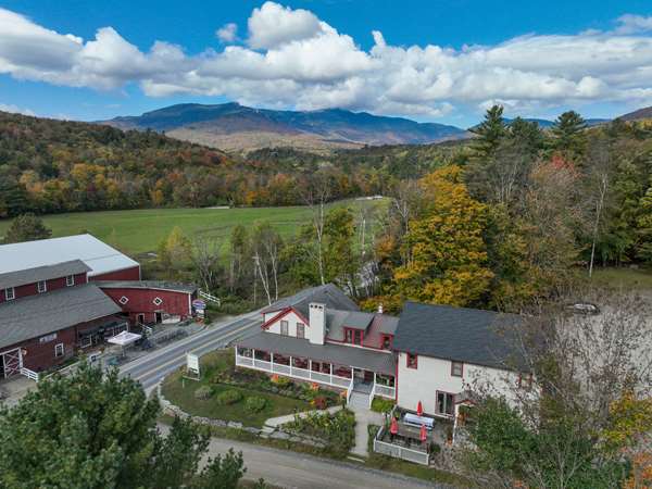 ariel view of Trattoria La Festa with Green Mountains